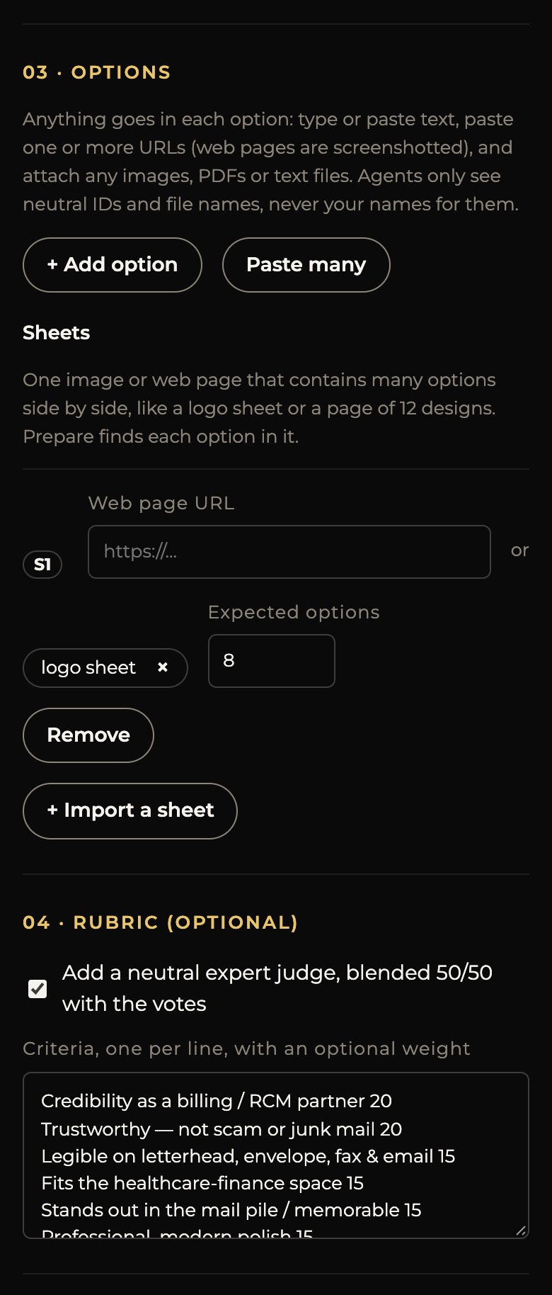 The options section with a sheet imported, and the rubric toggle